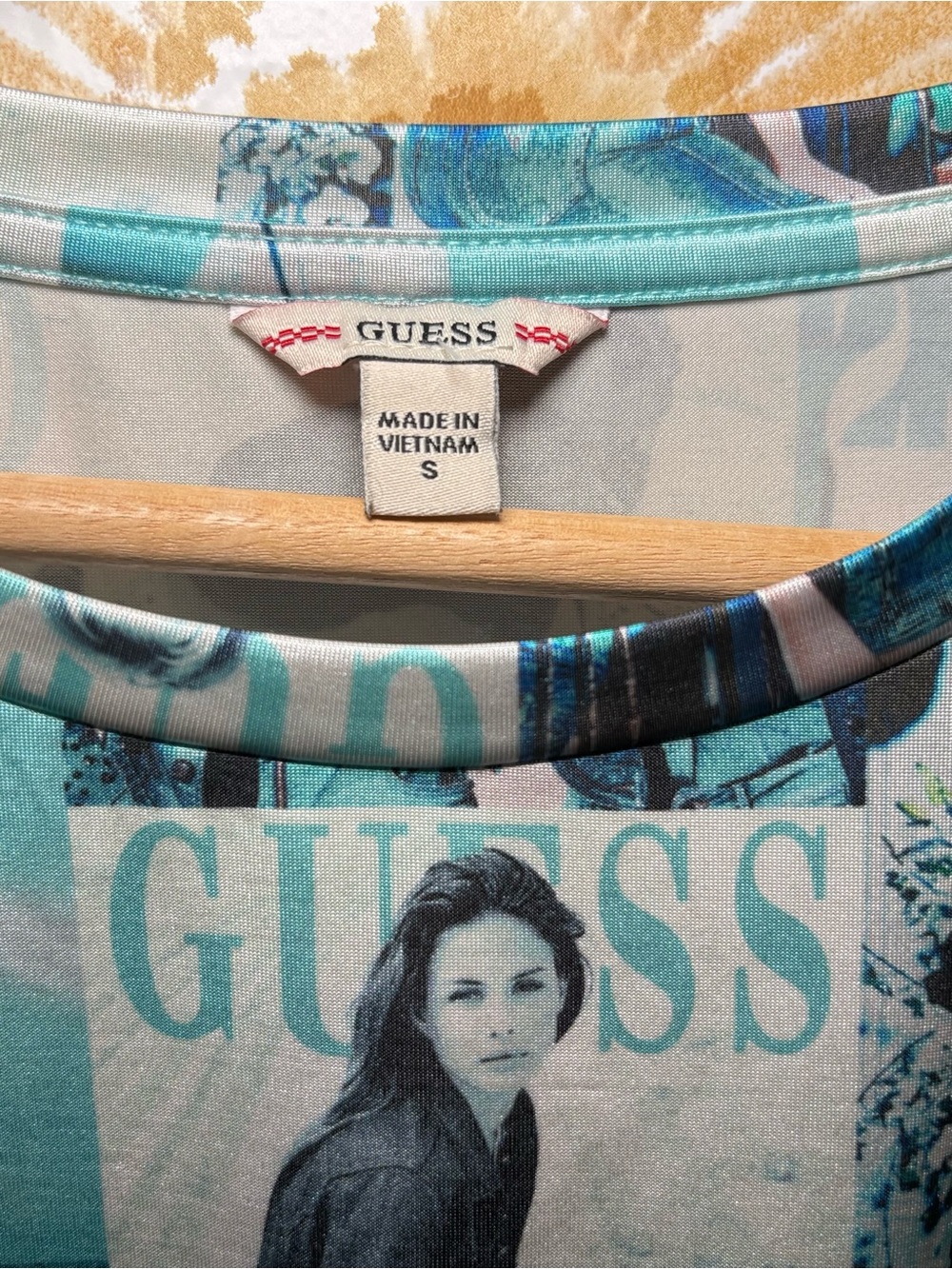 GUESS Graphic Logo Tee | Y2K Baby Tee | Blue Collage Print Fitted T-Shirt - Picture 3 of 10